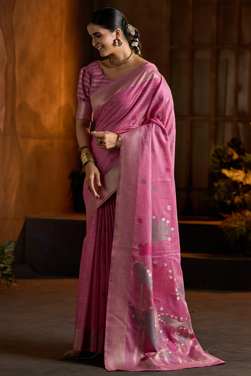 Glamorous Dark Pink Cotton Silk Saree With Lustrous Blouse Piece