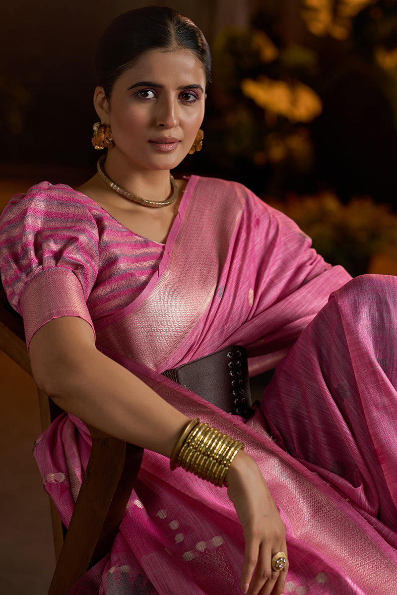 Glamorous Dark Pink Cotton Silk Saree With Lustrous Blouse Piece