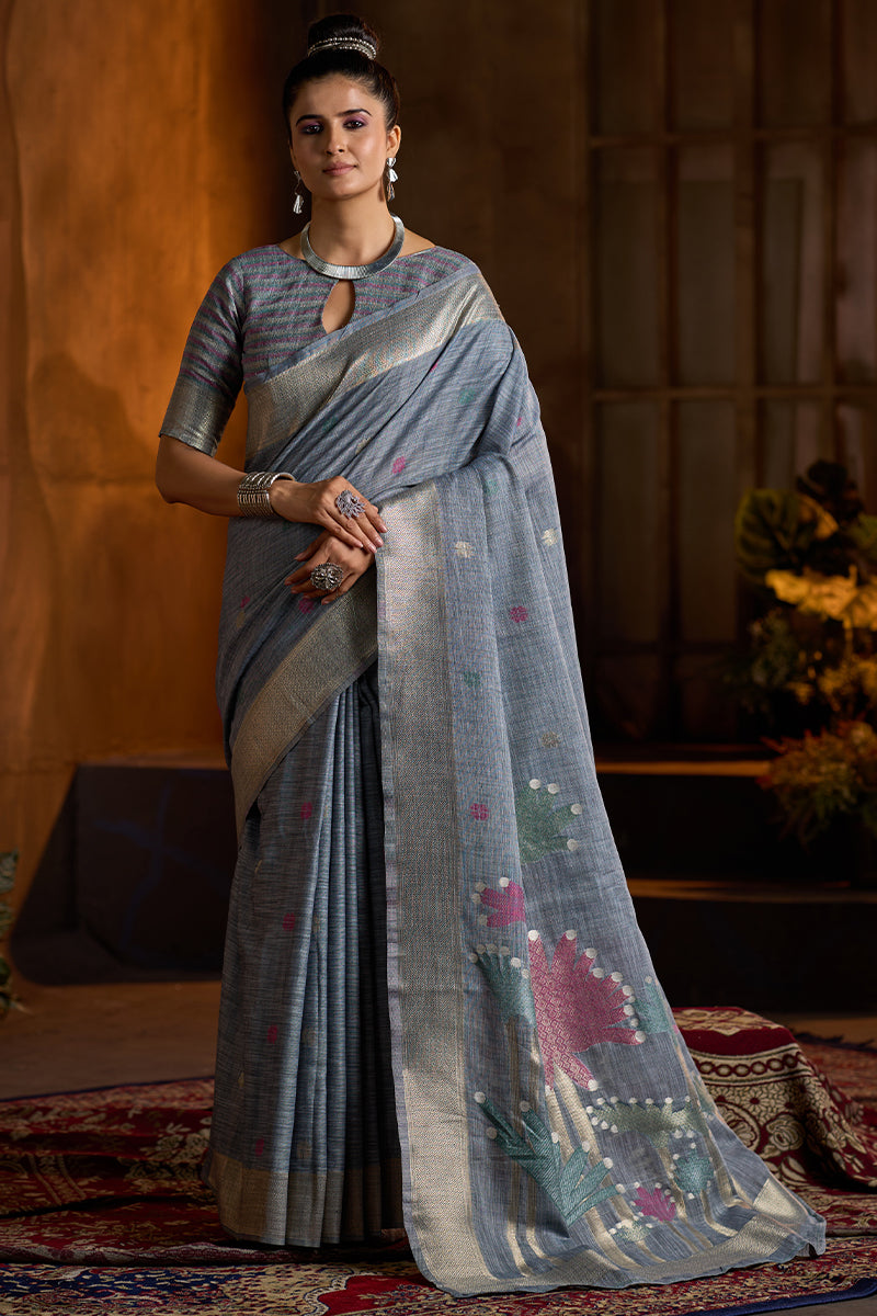 Symmetrical Grey Cotton Silk Saree With Scintilla Blouse Piece