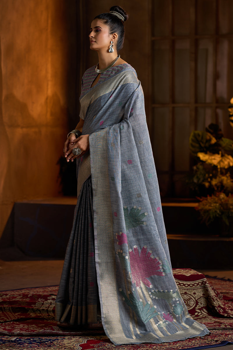 Symmetrical Grey Cotton Silk Saree With Scintilla Blouse Piece