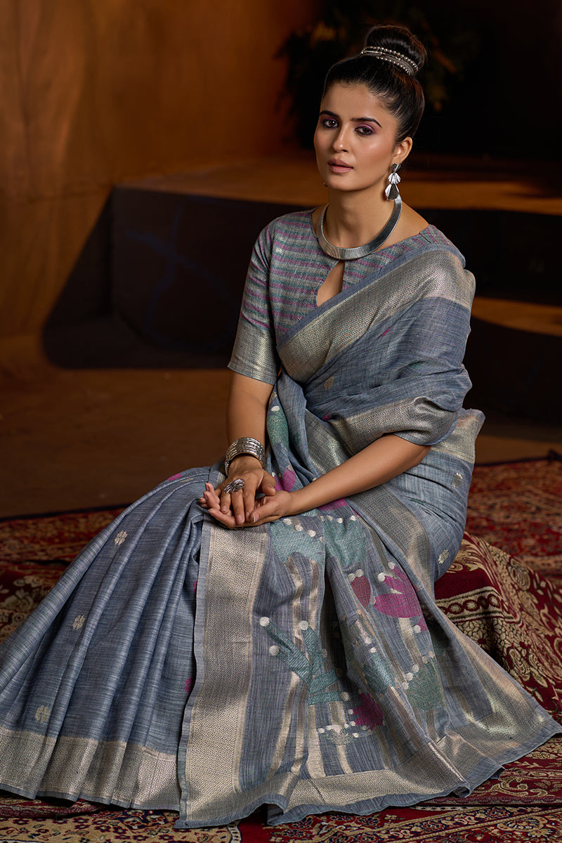 Symmetrical Grey Cotton Silk Saree With Scintilla Blouse Piece