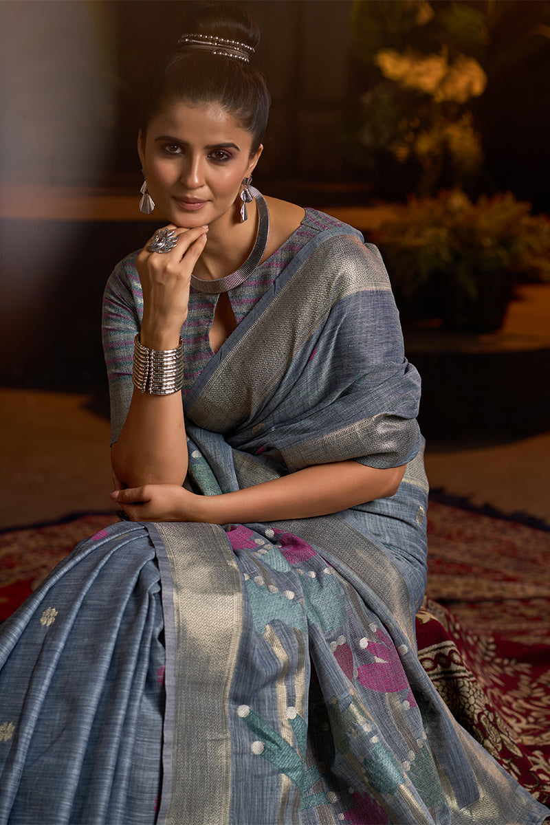 Symmetrical Grey Cotton Silk Saree With Scintilla Blouse Piece