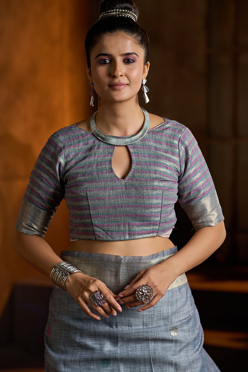 Symmetrical Grey Cotton Silk Saree With Scintilla Blouse Piece