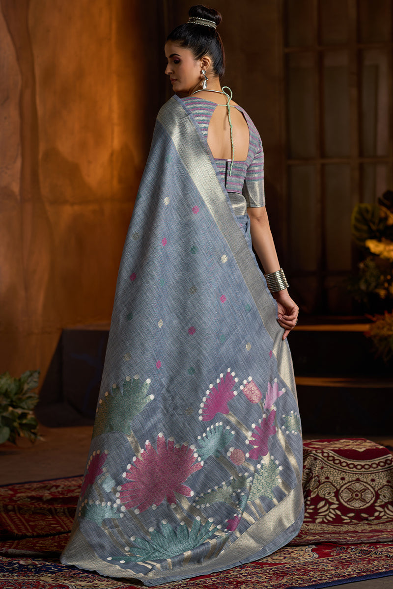 Symmetrical Grey Cotton Silk Saree With Scintilla Blouse Piece