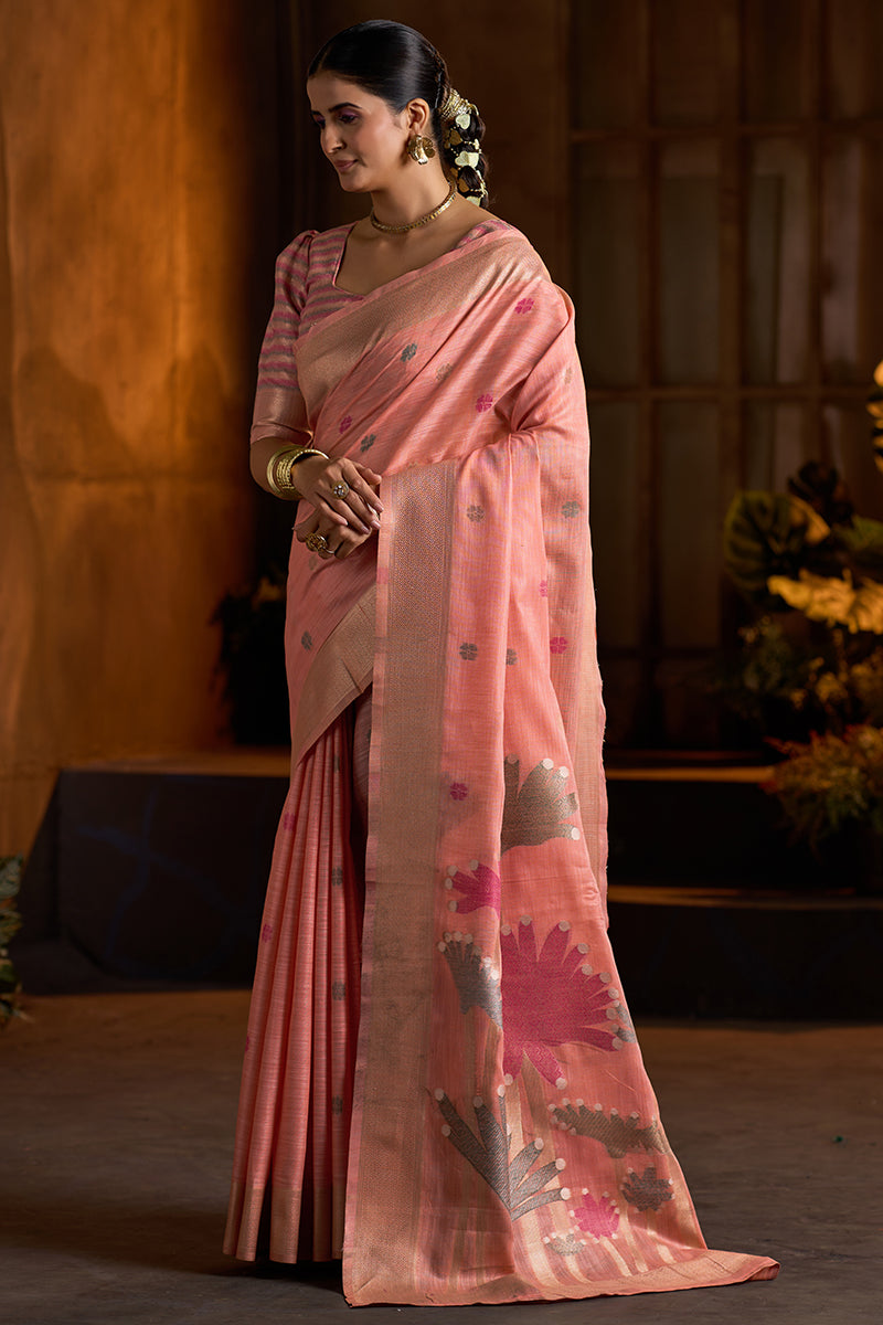 Fugacious Peach Cotton Silk Saree With Desirable Blouse Piece