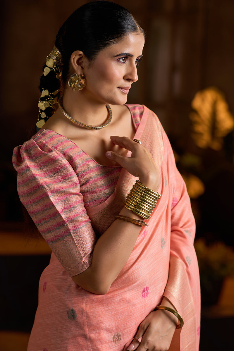 Fugacious Peach Cotton Silk Saree With Desirable Blouse Piece