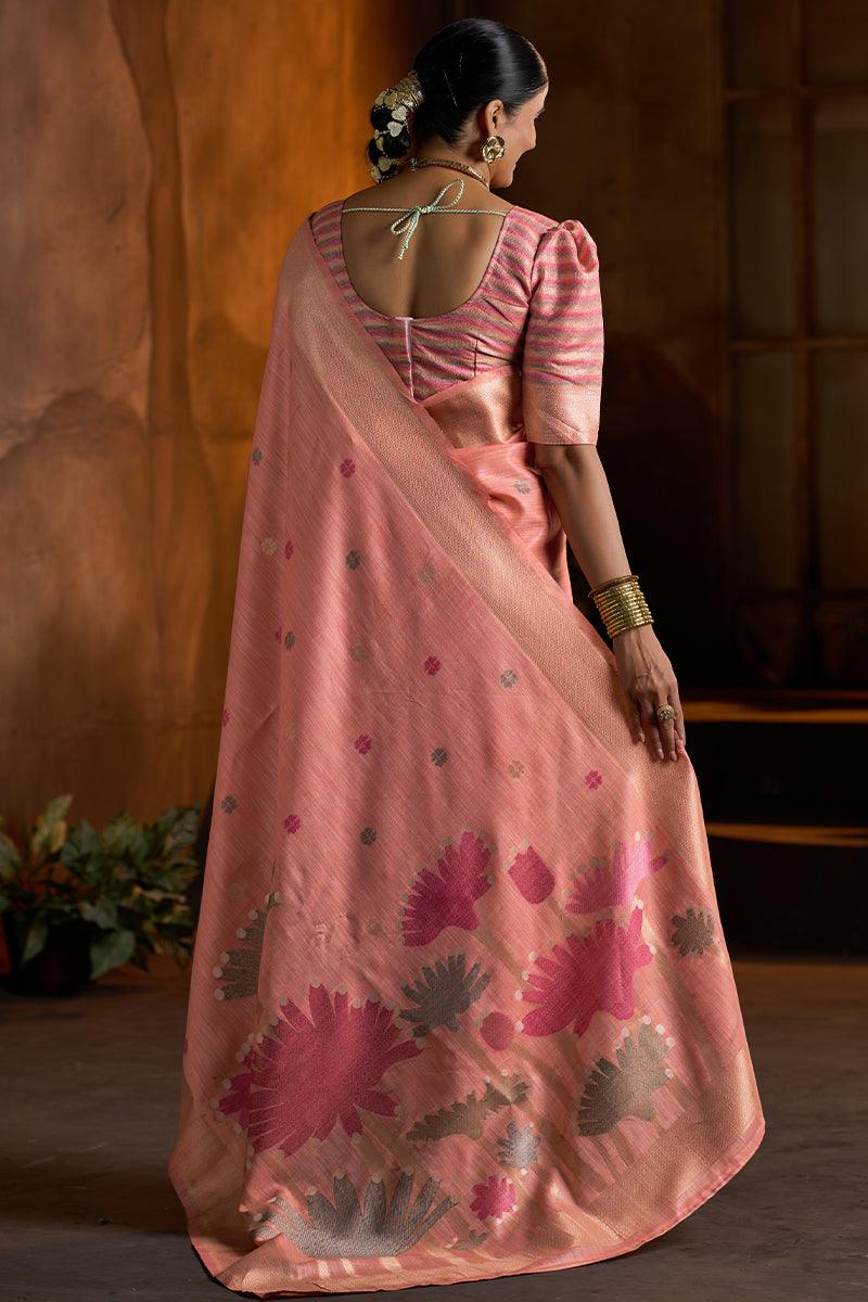 Fugacious Peach Cotton Silk Saree With Desirable Blouse Piece