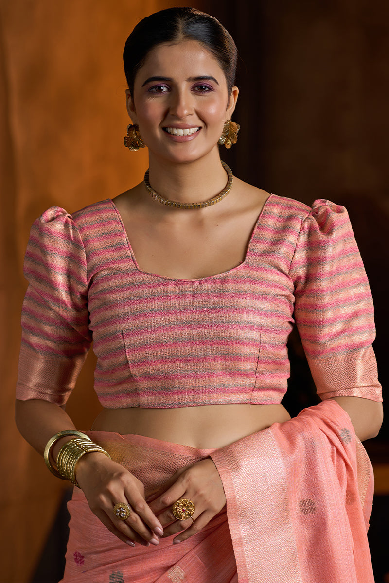 Fugacious Peach Cotton Silk Saree With Desirable Blouse Piece