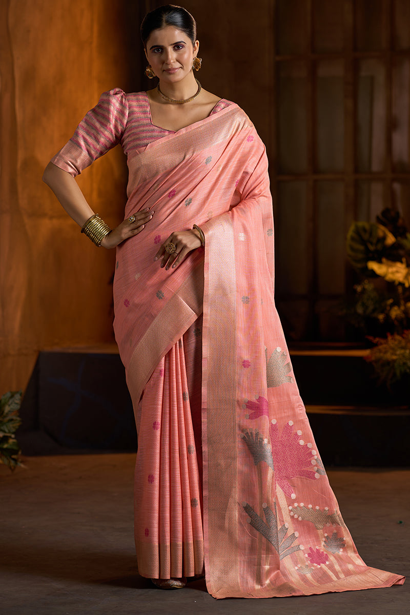 Fugacious Peach Cotton Silk Saree With Desirable Blouse Piece