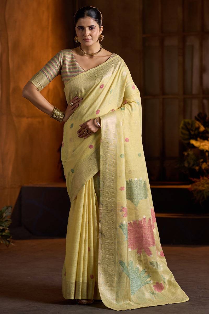 Verdant Yellow Cotton Silk Saree With Magnificat Blouse Piece