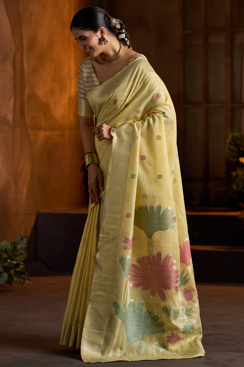 Verdant Yellow Cotton Silk Saree With Magnificat Blouse Piece