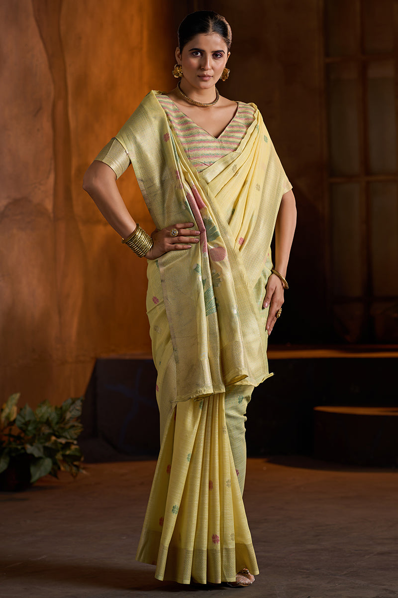 Verdant Yellow Cotton Silk Saree With Magnificat Blouse Piece