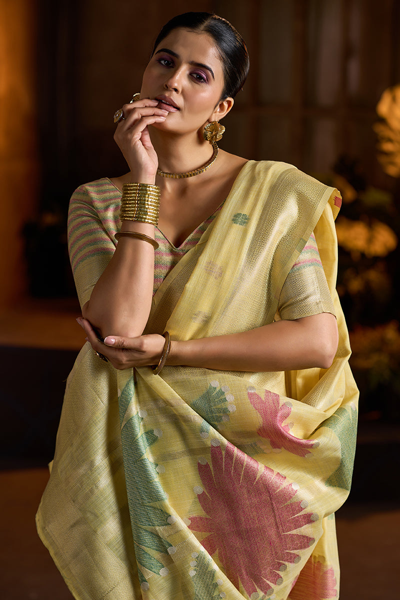 Verdant Yellow Cotton Silk Saree With Magnificat Blouse Piece