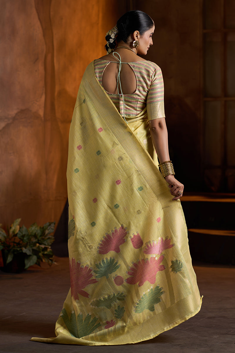 Verdant Yellow Cotton Silk Saree With Magnificat Blouse Piece