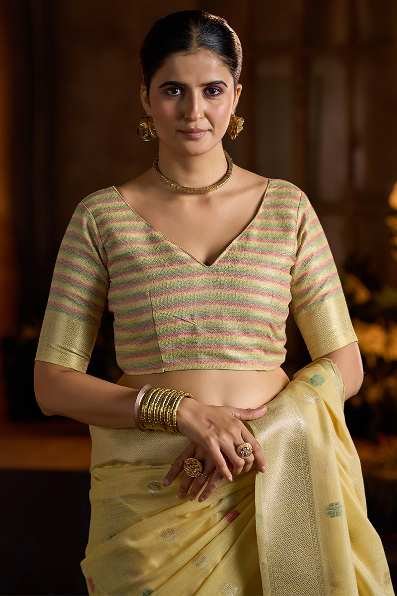 Verdant Yellow Cotton Silk Saree With Magnificat Blouse Piece