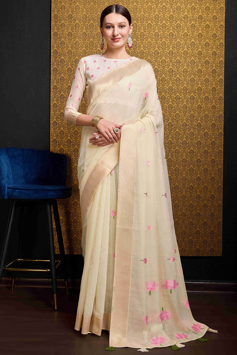Bucolic Beige Cotton Silk Saree With Glittering Blouse Piece