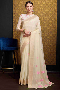 Bucolic Beige Cotton Silk Saree With Glittering Blouse Piece