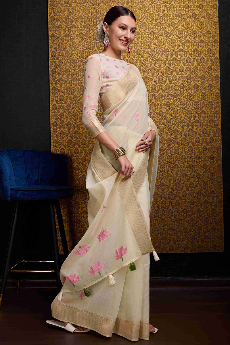 Bucolic Beige Cotton Silk Saree With Glittering Blouse Piece