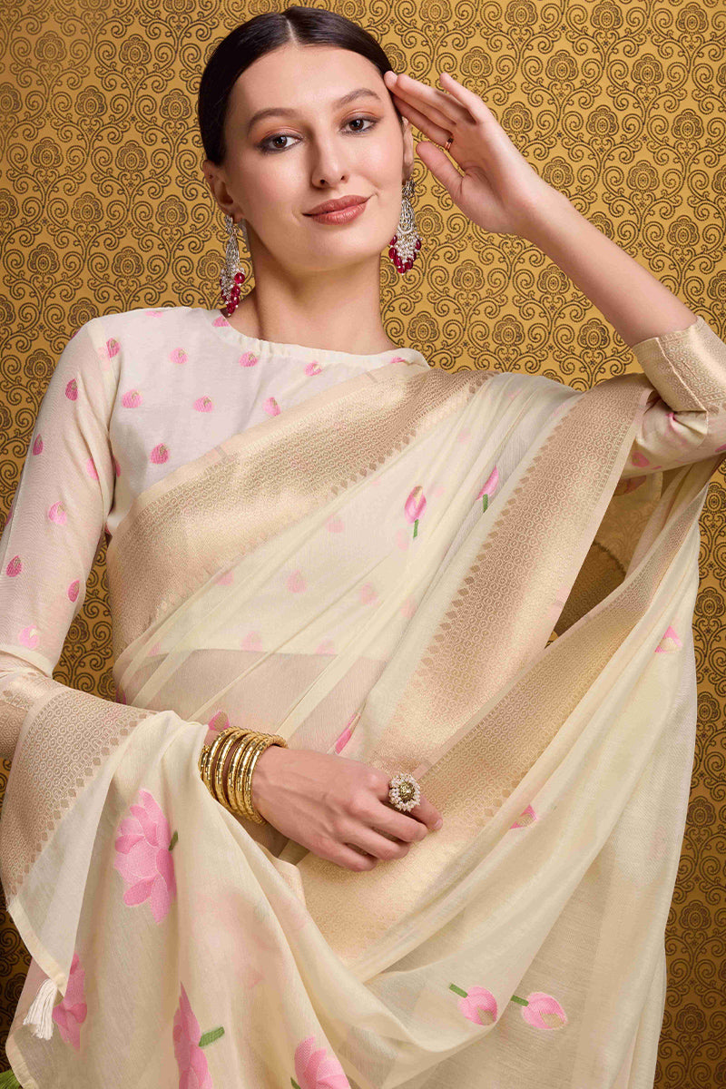Bucolic Beige Cotton Silk Saree With Glittering Blouse Piece