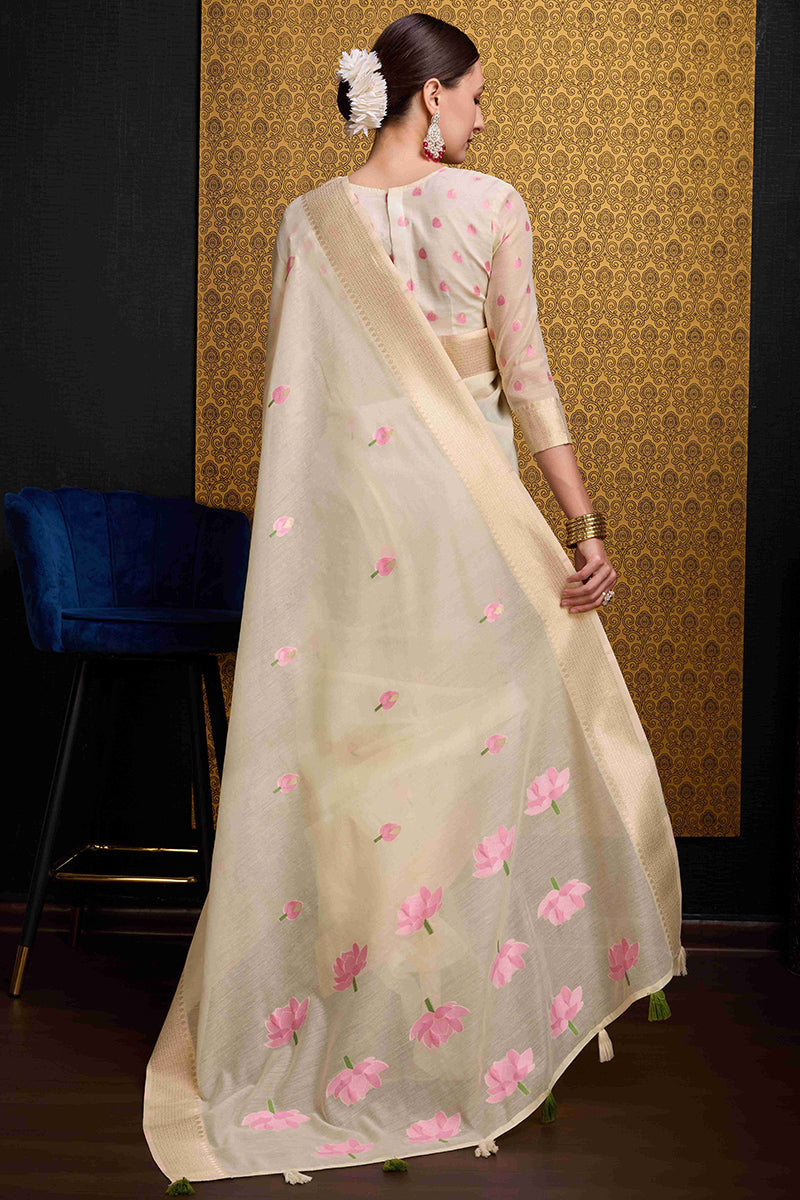 Bucolic Beige Cotton Silk Saree With Glittering Blouse Piece