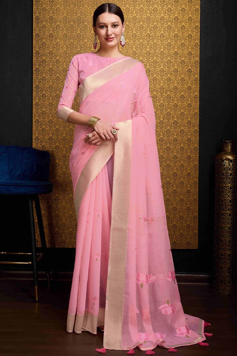 Lagniappe Pink Cotton Silk Saree With Appealing Blouse Piece