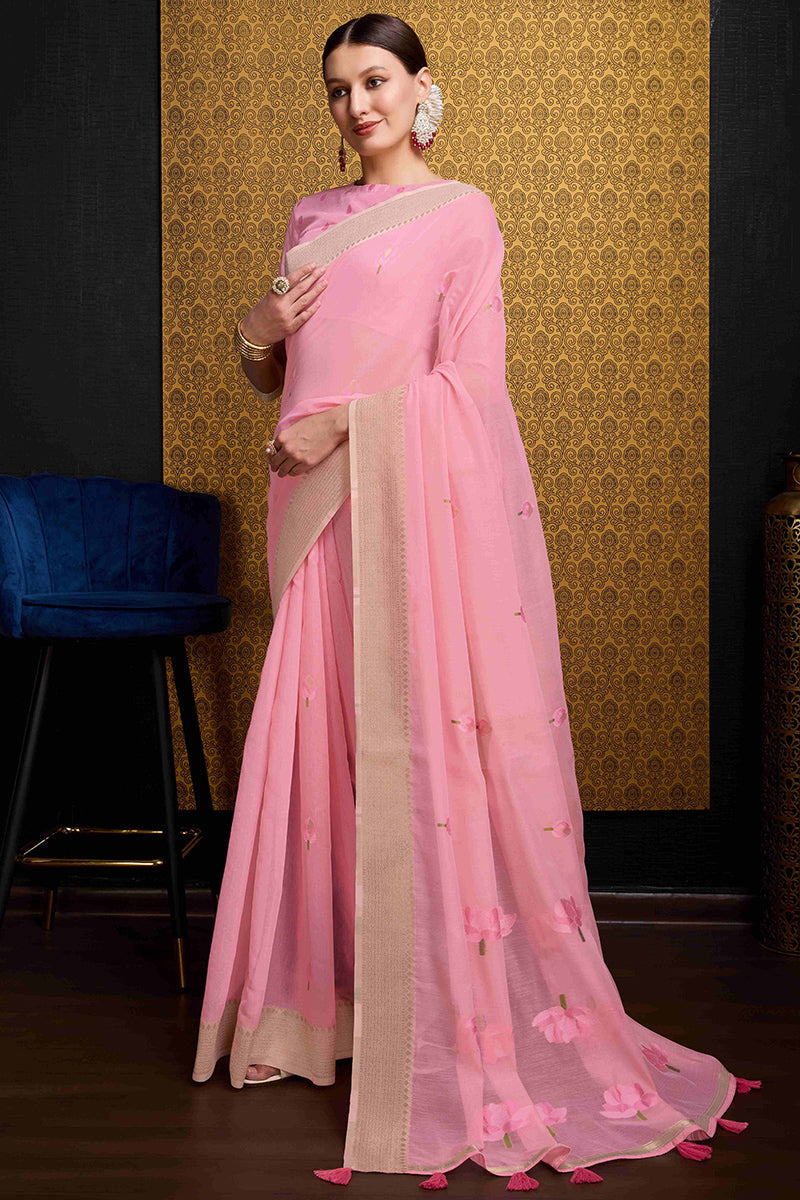 Lagniappe Pink Cotton Silk Saree With Appealing Blouse Piece