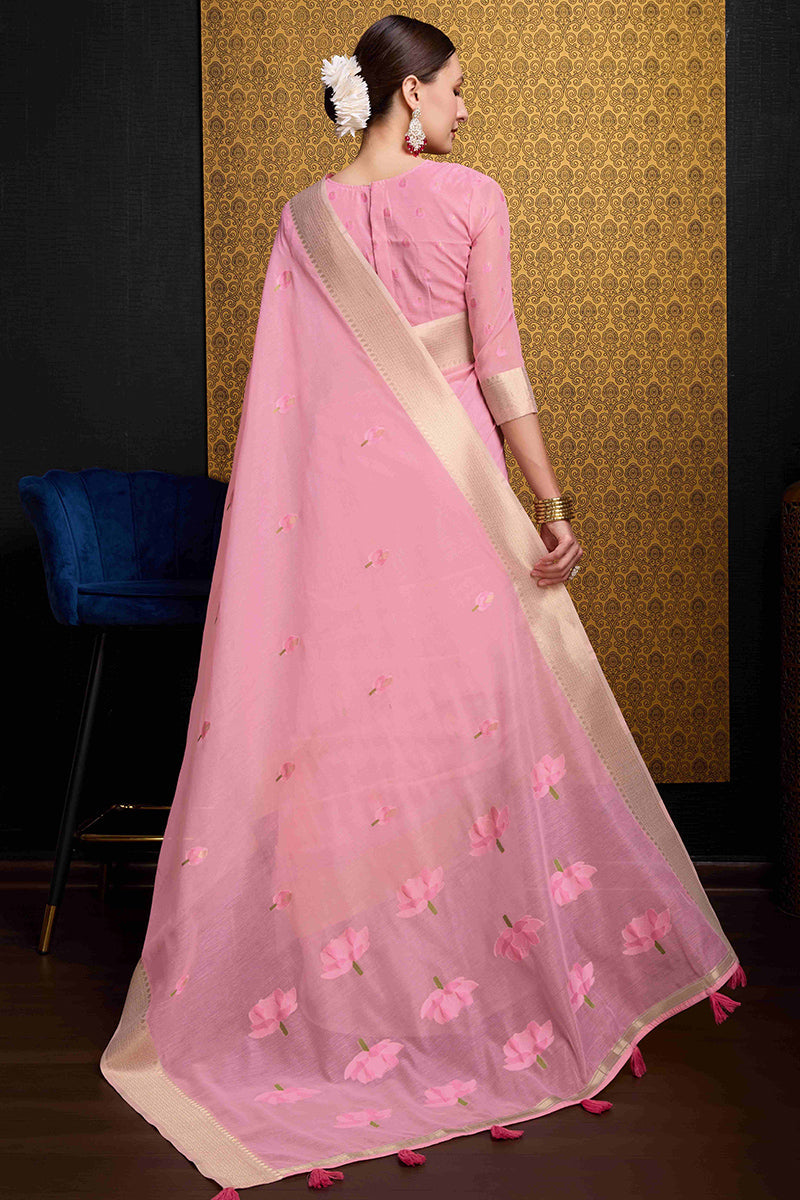 Lagniappe Pink Cotton Silk Saree With Appealing Blouse Piece