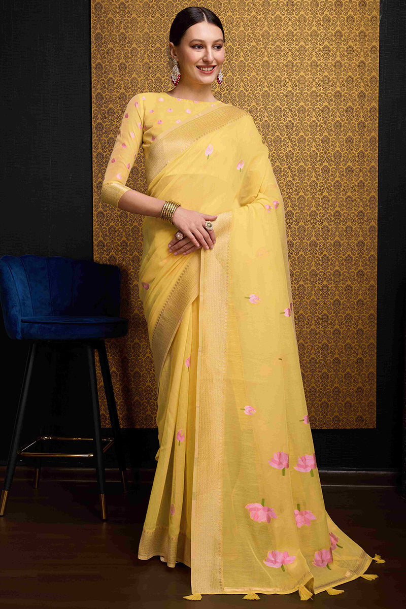Outstanding Yellow Cotton Silk Saree With Classic Blouse Piece