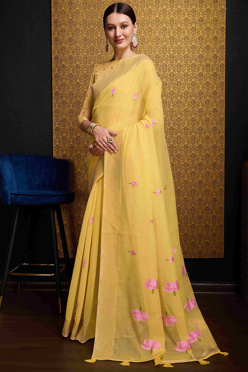 Outstanding Yellow Cotton Silk Saree With Classic Blouse Piece