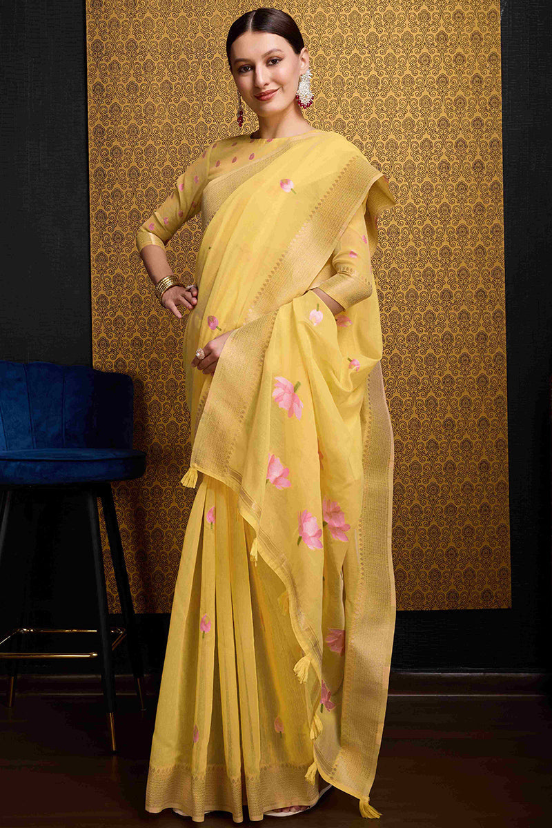 Outstanding Yellow Cotton Silk Saree With Classic Blouse Piece
