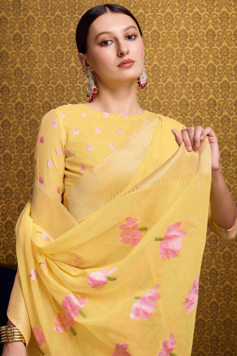 Outstanding Yellow Cotton Silk Saree With Classic Blouse Piece