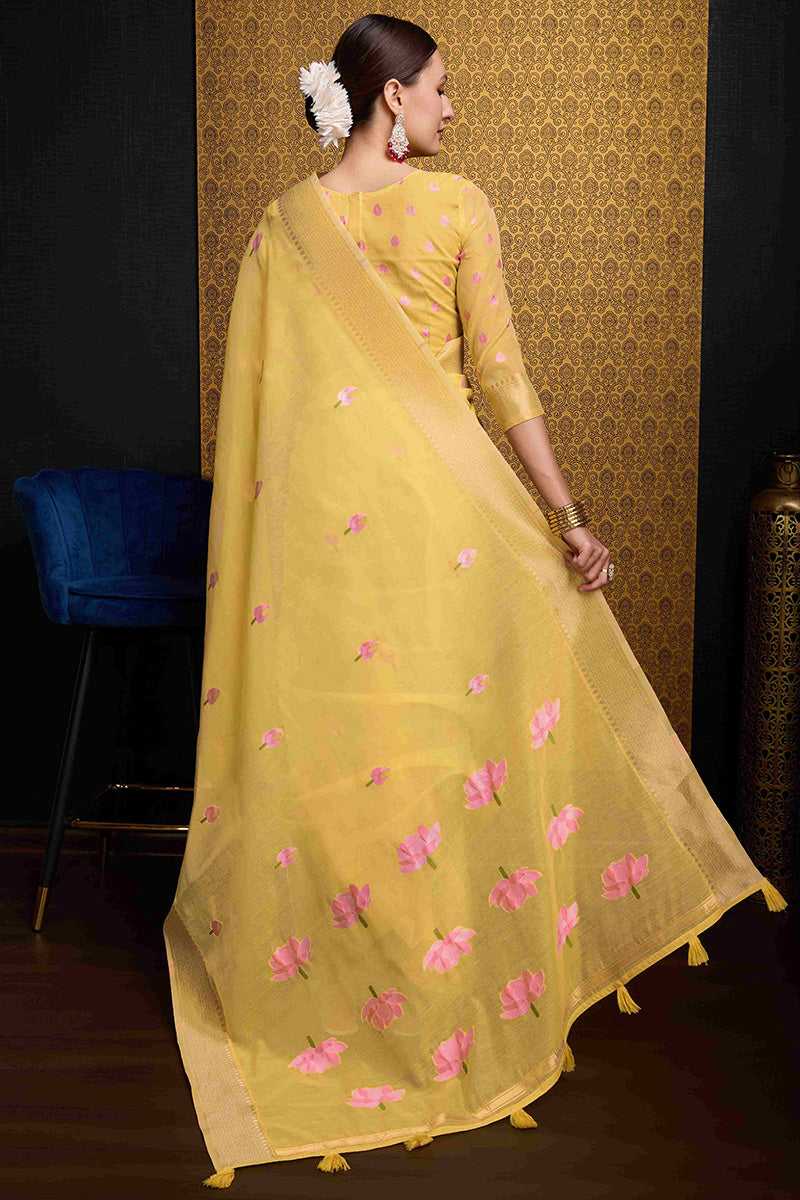 Outstanding Yellow Cotton Silk Saree With Classic Blouse Piece
