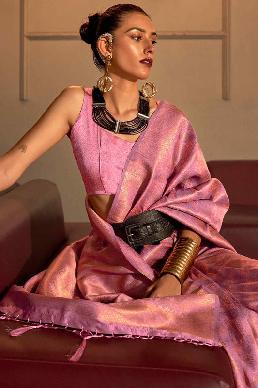 Brood Pink Kanjivaram Silk Saree With Bucolic Blouse Piece