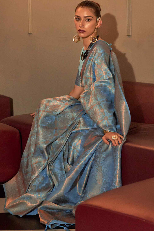 Enticing Firozi Kanjivaram Silk Saree With Assemblage Blouse Piece