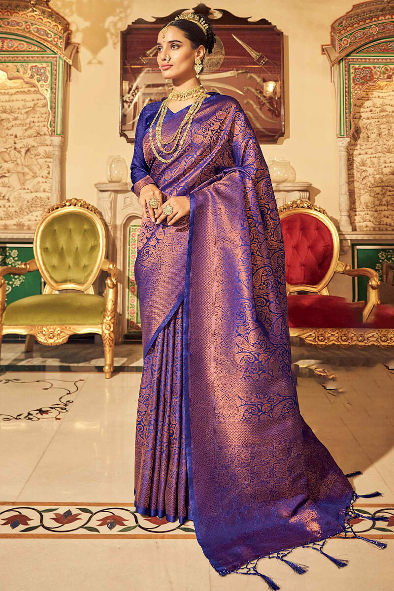 Stunner Royal Blue Kanjivaram Silk Saree With Classic Blouse Piece