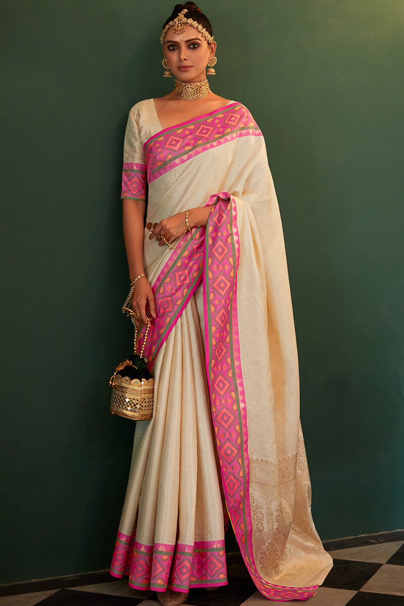 Pleasant Beige Kanjivaram Silk Saree With Delightful Blouse Piece