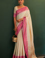 Pleasant Beige Kanjivaram Silk Saree With Delightful Blouse Piece