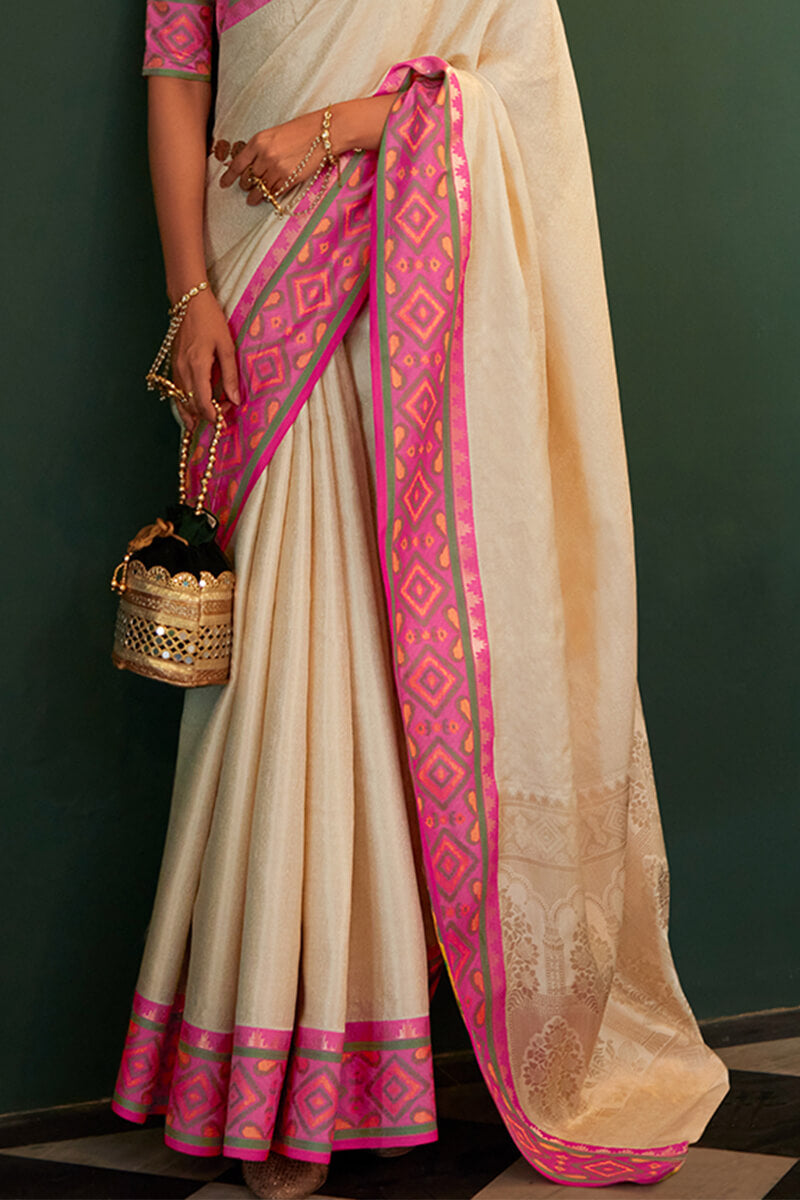 Pleasant Beige Kanjivaram Silk Saree With Delightful Blouse Piece