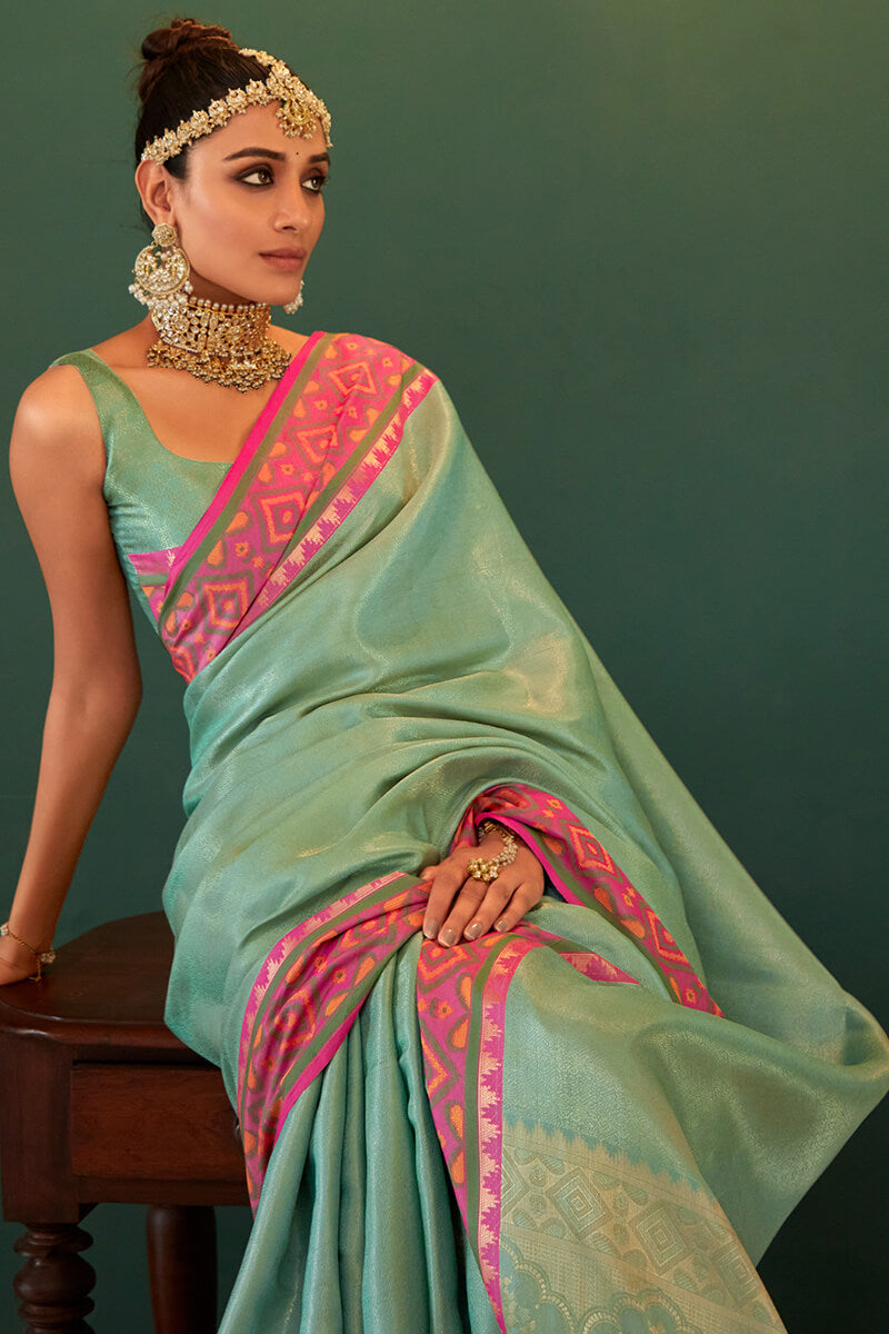 Flamboyant Sky Kanjivaram Silk Saree With Preferable Blouse Piece