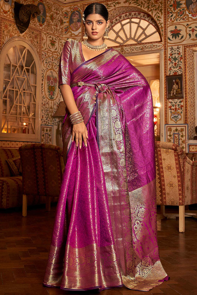 Groovy Purple Kanjivaram Silk Saree With Exceptional Blouse Piece