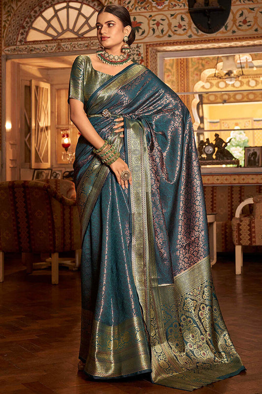 Radiant Rama Kanjivaram Silk Saree With Opulent Blouse Piece