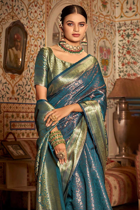 Radiant Rama Kanjivaram Silk Saree With Opulent Blouse Piece