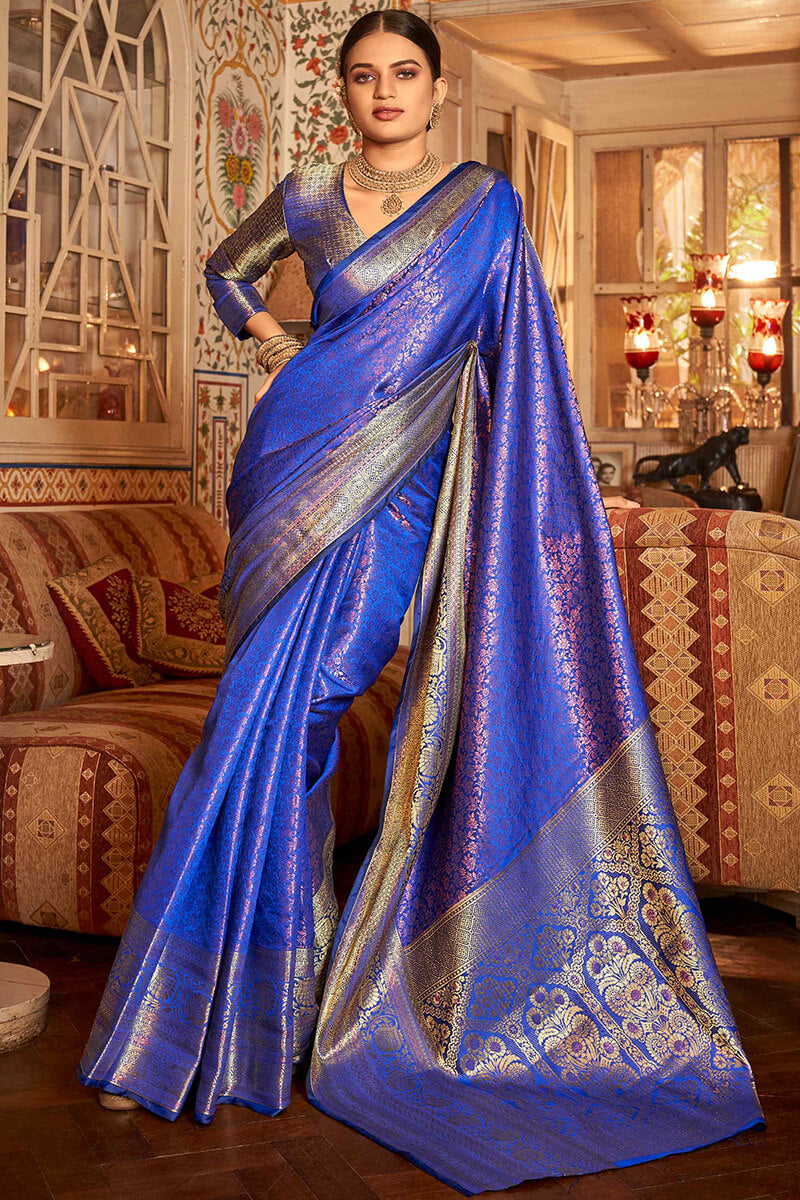 Hypnotic Royal Blue Kanjivaram Silk Saree With Ravishing Blouse Piece