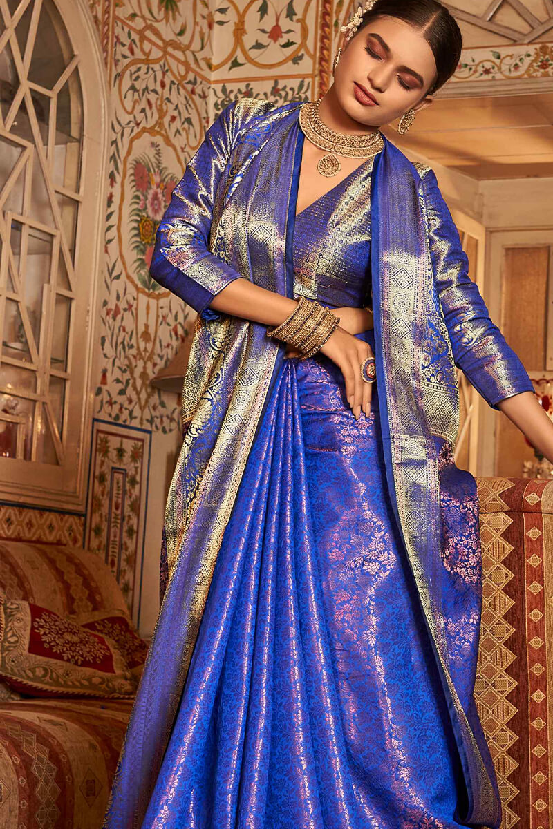 Hypnotic Royal Blue Kanjivaram Silk Saree With Ravishing Blouse Piece