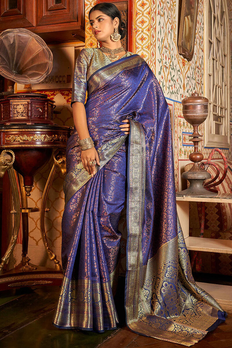 Breathtaking Blue Kanjivaram Silk Saree With Adorable Blouse Piece