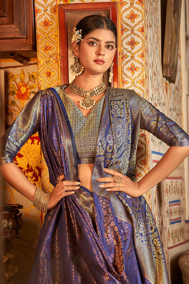 Breathtaking Blue Kanjivaram Silk Saree With Adorable Blouse Piece