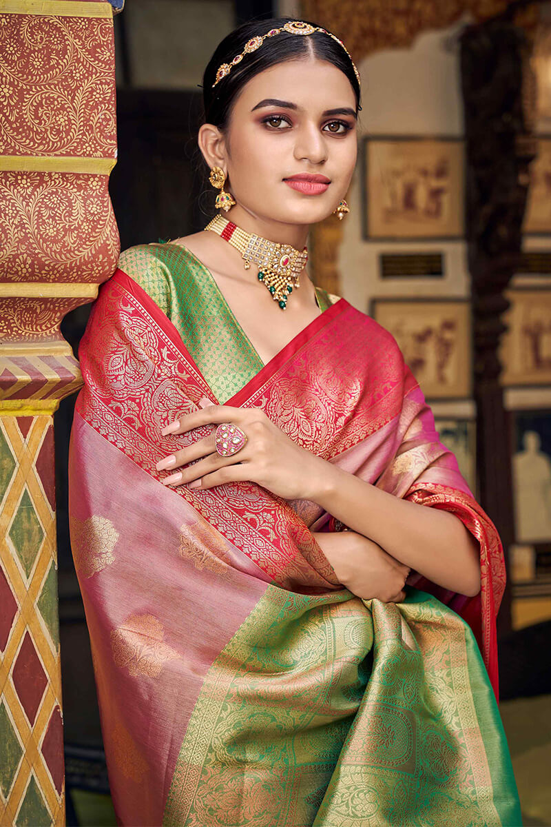 Jazzy Green Soft Banarasi Silk Saree With Blooming Blouse Piece