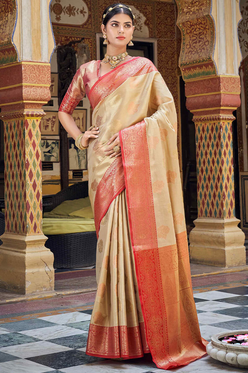 Designer Beige Soft Banarasi Silk Saree With Smart Blouse Piece