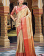 Designer Beige Soft Banarasi Silk Saree With Smart Blouse Piece