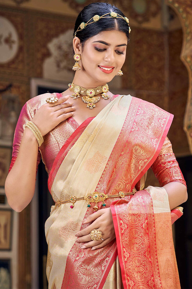 Designer Beige Soft Banarasi Silk Saree With Smart Blouse Piece